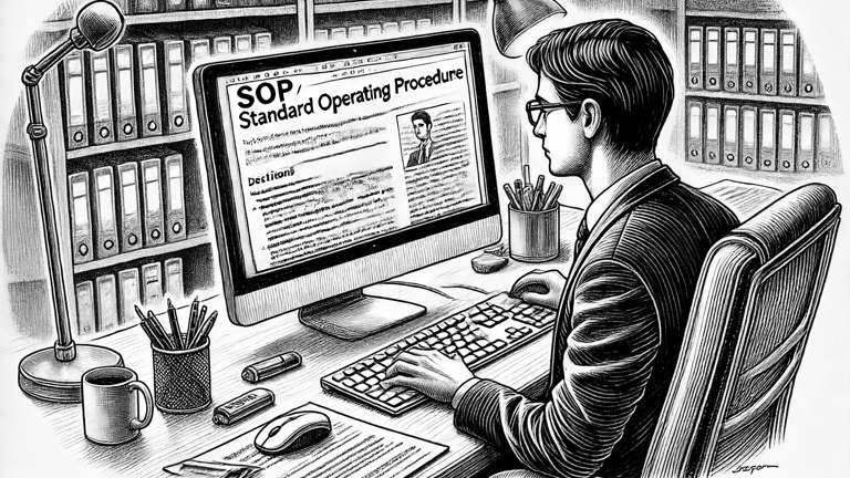 Pen and ink image of a JamboJon employee making an SOP on Unversity.JamboJon.com