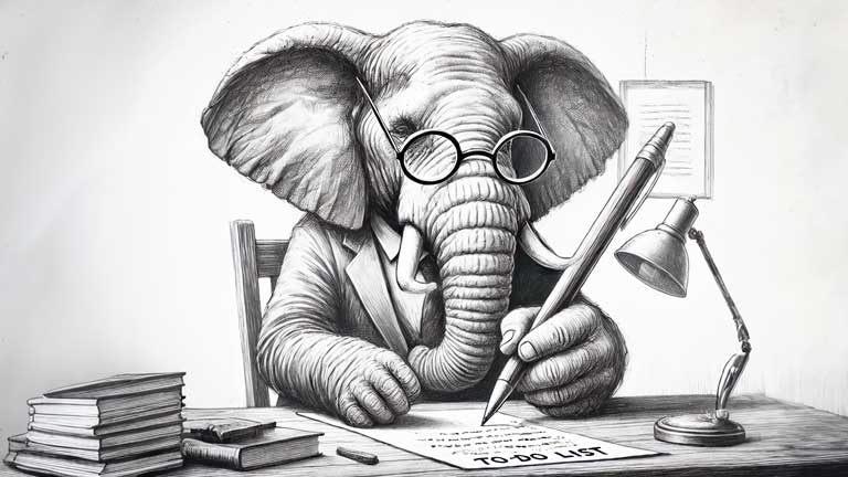 Elephant Writing a To-Do List for JamboJon Project Tasks
