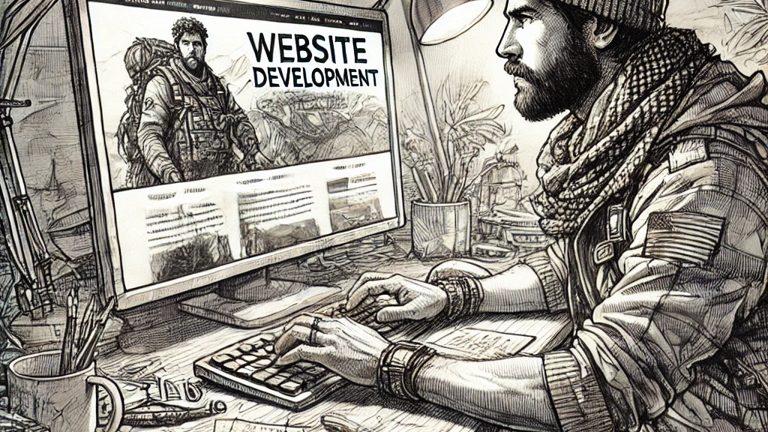 Man working on a website about adventure