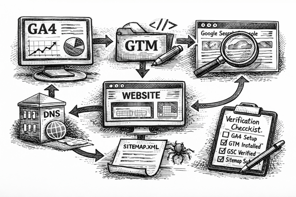 Computers folders and web browser drawing representing google stack.